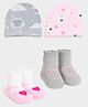Mi Arcus Cotton Knit Pack Of 2 Animals & Hearts Designed Caps With Socks Set - Pink & Grey