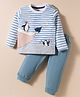 Mini Taurus Looper Knit Full Sleeves Striped T-Shirt & Lounge Pant Set with Penguin Print - Light Blue