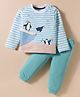 Mini Taurus Looper Knit Full Sleeves Striped T-Shirt & Lounge Pant Set with Penguin Print - Sea Green