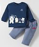 Ollypop Interlock Knit Full Sleeves T-Shirt & Lounge Pant Set With Dog Patch & Embroidery - Navy Blue