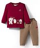 Ollypop Interlock Knit Full Sleeves T-Shirt & Lounge Pant Set With Dog Patch & Embroidery - Red