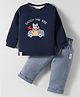 Ollypop Interlock Knit Full Sleeves T-Shirt & Lounge Pant Set With Racoon Patch & Embroidery - Navy Blue & Light Blue