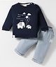 Ollypop Interlock Knit Full Sleeves T-Shirt & Lounge Pant Set With Elephant Patch & Embroidery - Navy Blue & Light Blue