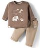 Ollypop Interlock Knit Full Sleeves T-Shirt & Lounge Pant Set With Elephant Patch & Embroidery - Tan & Brown