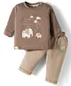 Ollypop Interlock Knit Full Sleeves T-Shirt & Lounge Pant Set With Elephant Patch & Embroidery - Tan & Brown