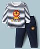 Ollypop Interlock Knit Full Sleeves T-Shirt and Joggers Set With Stripes & Animal Print - White & Navy Blue