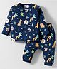 First Smile Sinker Knit Full Sleeves Co-ords Night Suit With Animal Print - Navy Blue