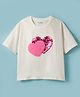 Kookie Kids Single Jersey Knit Drop Shoulder Half Sleeves T-Shirt with Sequin & Fur Heart Detailing - Off White