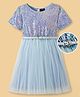 Hola Bonita Knit Half Sleeves Glitter Mesh Party Dress With Sequinned Yoke & Belt - Light Blue
