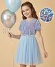 Hola Bonita Knit Half Sleeves Glitter Mesh Party Dress With Sequinned Yoke & Belt - Light Blue
