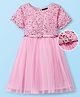 Hola Bonita Knit Half Sleeves Glitter Mesh Party Dress With Sequinned Yoke & Belt - Pink