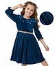 Hola Bonita Knit Three Fourth Sleeves Velvet  Party Dress With Pearl Highlighting On Collar & Belt - Teal Blue