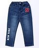 Babyhug Denim Full Length Washed Jeans With Stretch & Text Print - Navy Blue