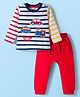 Babyhug Single Jersey Knit Full Sleeves Striped T-Shirt & Lounge Pant Set with Vehicle Patch Detailing - Red