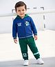 Babyhug Terry Knit Full Sleeves Hooded Sweatjacket & Lounge Pant Set With Teddy Bear Print & Kangaroo Pockets - Navy Blue & Green