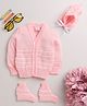 Little Angels Woollen Knit Full Sleeves Self Designed Cardigan With Cap & Socks - Pink