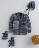 Little Angels Woollen Knit Full Sleeves Textured Cardigan With Cap & Socks - Navy Blue