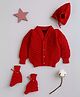 Little Angels Woollen Knit Full Sleeves Self Designed  Cardigan with Cap & Socks - Red