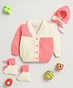 Little Angels Woollen Knit Full Sleeves Colour Blocked Cardigan with Cap & Socks - Cream & Neon Pink