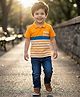 Babyhug Single Jersey Knit Half Sleeves Striped Polo T-Shirt & Jeans Set with Dino Days Print - Navy Blue