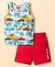 Babyhug 100% Cotton Knit Sleeveless Sando & Shorts Set with Beach Theme Print - White & Red