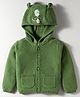 Yellow Apple Knit Full Sleeves Hooded Front Open Sweater With Cat Face Embroidered - Green