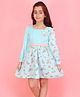 Cutecumber Velour Woven Full Sleeves Floral Printed & Applique Detailed Dress - Aqua Blue