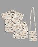 Actuel Cotton Woven Full Sleeves Dinosaur & Vehicles Printed Coordinating Shirt & Shorts Set With Bag - Beige Green & Grey
