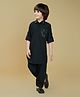 Ministitch Cotton Silk Woven Full Sleeves Foil Printed Pathani Kurta And Pant Set - Black