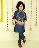 Ministitch Woven Full Sleeves Solid Kurta Pyjama With Floral Gold Zari Embroidered Jacket Set - Teal