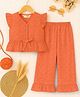 Trampoline Cotton Knit Sleeveless Floral Schiffli Embroidered Bow Applique Detailed Crop Top With Trousers Set - Orange