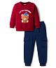 Babyhug Terry Knit Full Sleeves T-Shirt & Lounge Pant Set With Teddy Bear Print - Red & Blue