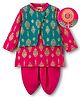 EARTHY TOUCH Single Jersey Knit Full Sleeves Kurta Dhoti & Jacket Set with Floral Print - Dark Pink & Teal Blue