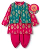 EARTHY TOUCH Single Jersey Knit Full Sleeves Kurta Dhoti & Jacket Set with Floral Print - Dark Pink & Teal Blue