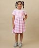 Kidsville Cotton Knit Half Sleeves Mattel Featuring Barbie Text Printed Gingham Checked Dress  - White & Pink