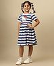 Kidsville Cotton Knit Hello Kitty Featuring Half Sleeves Striped & Character Printed Dress  - White & Navy Blue