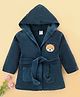 Simply Terry Knit Full Sleeves Hooded Bath Robe with Teddy Embroidery - Navy Blue