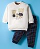 Zero Fleece Knit Full Sleeves Sweatshirt & Checked Lounge Pant with Teddy Print - Cream & Navy Blue