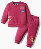 Zero Fleece Knit Full Sleeves Winter Wear Sweatshirt & Joggers Set With Dino Print & Embroidery - Dark Pink