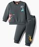 Zero Fleece Knit Full Sleeves Winter Wear Sweatshirt & Joggers Set With Dino Print & Embroidery - Charcoal Grey