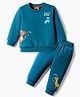 Zero Fleece Knit Full Sleeves Winter Wear Sweatshirt & Joggers Set With Dino Print & Embroidery - Turquoise