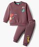 Zero Fleece Knit Full Sleeves Winter Wear Sweatshirt & Joggers Set With Dino Print & Embroidery - Burgandy