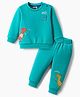 Zero Fleece Knit Full Sleeves Sweatshirt & Lounge Pant Set with Dino Print - Aqua Blue