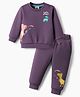 Zero Fleece Knit Full Sleeves Winter Wear Sweatshirt & Joggers Set With Dino Print & Embroidery - Purple