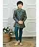 Ahhaaaa Jacquard Woven Full Sleeves Floral Embroidered Sherwani Pant Set - Teal Blue