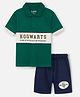 Nap Chief Pure Cotton Knit Harry Potter Featuring Half Sleeves Hogwarts Text Printed Polo Tee & Shorts Set - Green