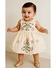 Lagorii Linen Woven Sleeveless Floral Embroidered Pearls Embellished Dress - Cream