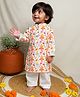 KNITROOT Cotton Blend Woven Full Sleeves Ganpati Bappa & Lotus Printed Kurta With Pyjama Set - White