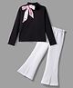 Tiara Cotton Rib Knit Full Sleeves Bow Applique Winter High Neck Top With Bell Bottom Set - Black
