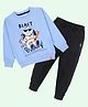 Kiddopanti Fleece Knit Full Sleeves Blast Off Buddy Text Printed Light Winter Sweatshirt With Track Pants Set - Sky Blue & Black